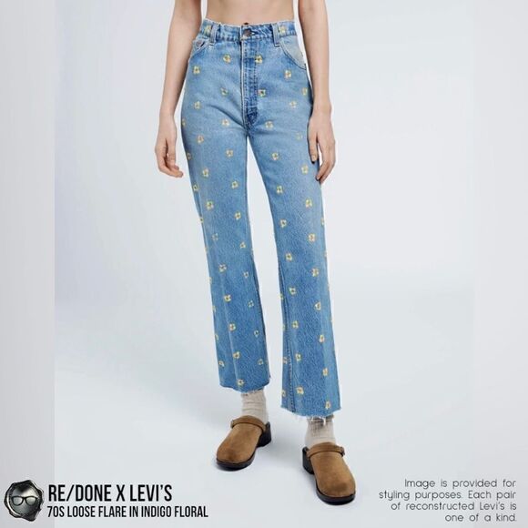 RE/DONE X LEVI’S 70s FLORAL EMBROIDERED RECONSTRUCTED VINTAGE JEANS CROPPED 26 - Picture 2 of 15